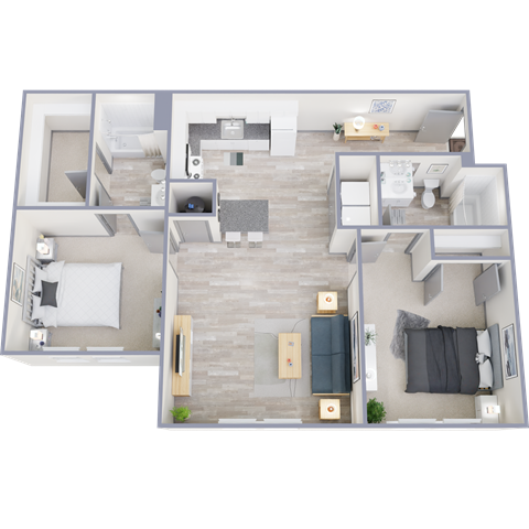 Floor plan for 2 beds, 2 baths, 1029 sqft